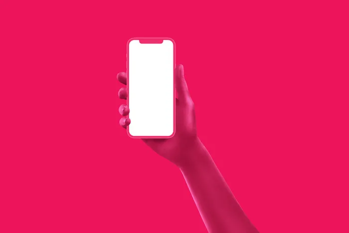 红色右手手持苹果手机插画展示样机