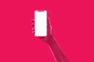 红色右手手持苹果手机插画展示样机