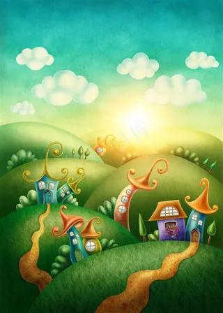 绿色小山坡和房子插画高清图片