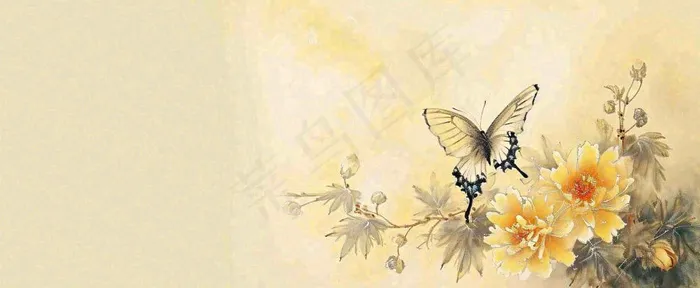 温馨纹理橙色花朵鲜花蝴蝶意境唯美，中国风(1712x704)