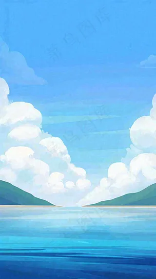 夏天蓝色扁平卡通插画蓝天白云湖水远山