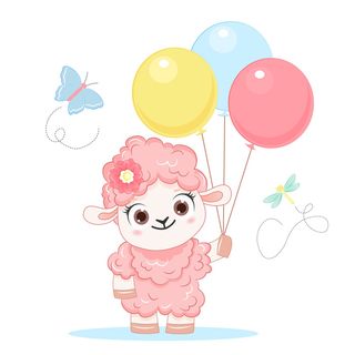 复活节卡通微笑的粉红色绵羊与气球。矢量插图的孩子