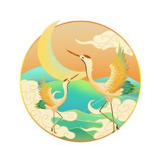 中国风国潮仙鹤山水插画手绘元素场景PSD设计素材