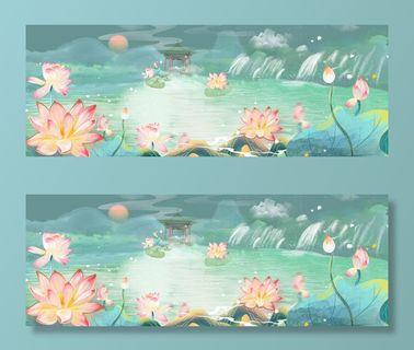 国潮夏天荷花荷叶手绘插画中国风山水墨海报背景PSD设计素材