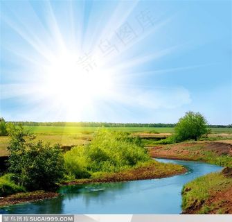 蓝天下修理的河流草地树木
