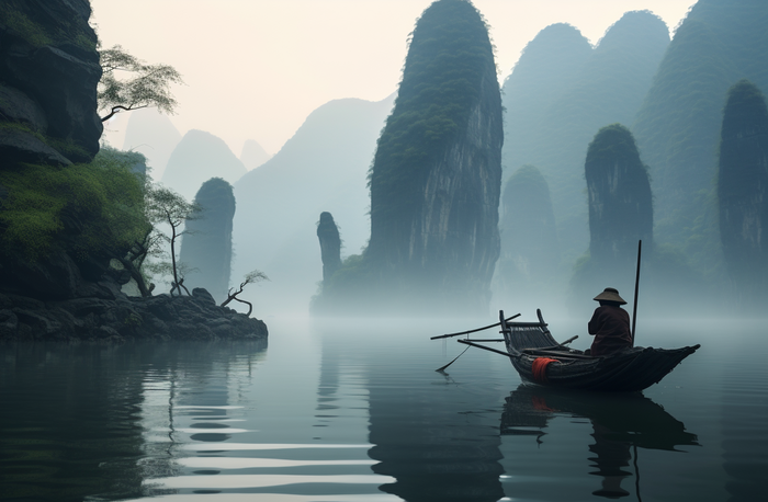 湖泊江河里的打渔船老伯摄影图