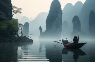 湖泊江河里的打渔船老伯摄影图