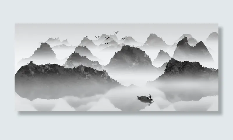 山水渔船美丽景观画PSD素材