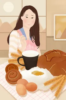 女孩与早餐插画PSD素材