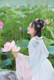 莲花池旁拍摄写真古装摄影的清纯女子图片