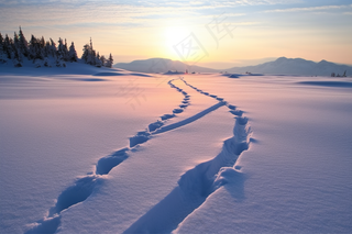 冬天雪地里走过的脚印雪景摄影图