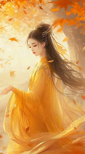 中国风秋天秋叶橙色古风美人手绘插画