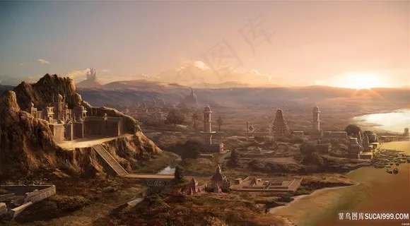 唯美山脉建筑风景画