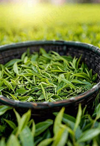 中国风，茶盆里的龙井绿茶茶叶摄影