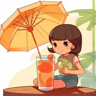 遮阳伞下女孩在喝饮料插画背景