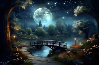 夜晚星空森林小桥花朵背景