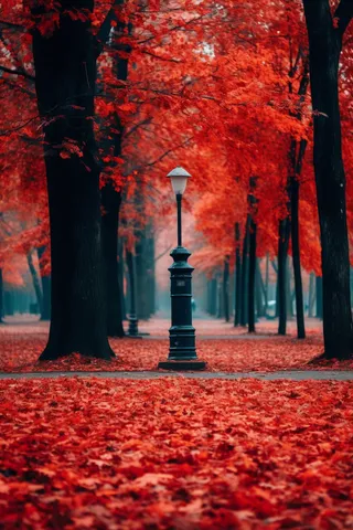 秋天公园深红色树叶树落叶摄影图