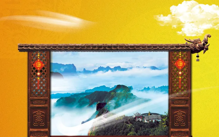 山水中国风画舫屏风背景psd模版下载