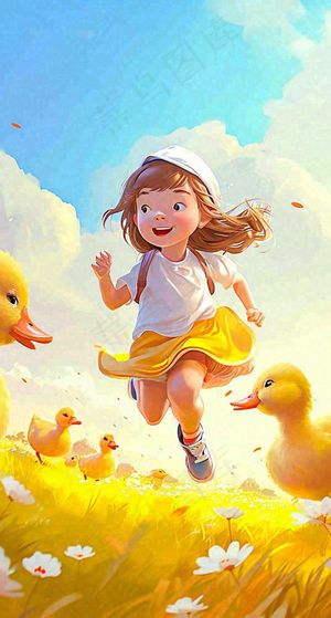 儿童节可爱鸭子奔跑，蓝天白云草地童真玩耍，清新插画
