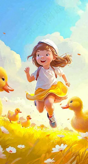 儿童节可爱鸭子奔跑，蓝天白云草地童真玩耍，清新插画