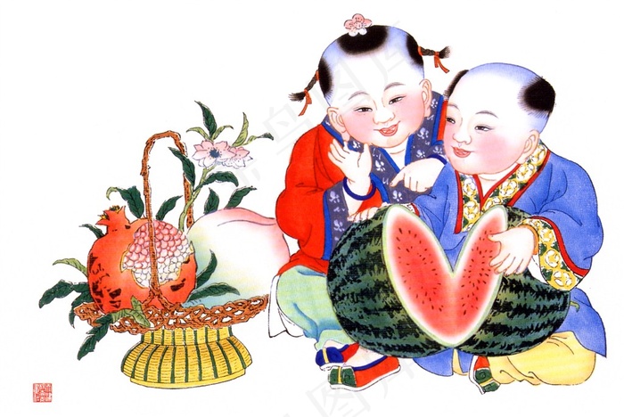 抱西瓜的杨柳青年画娃娃