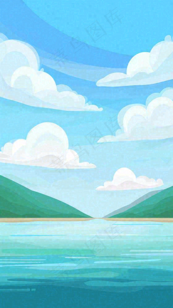夏天蓝色扁平卡通插画蓝天白云湖水远山(816x1456)
