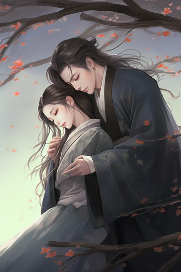 古风情侣花树下拥抱浪漫氛围插画素材(x)