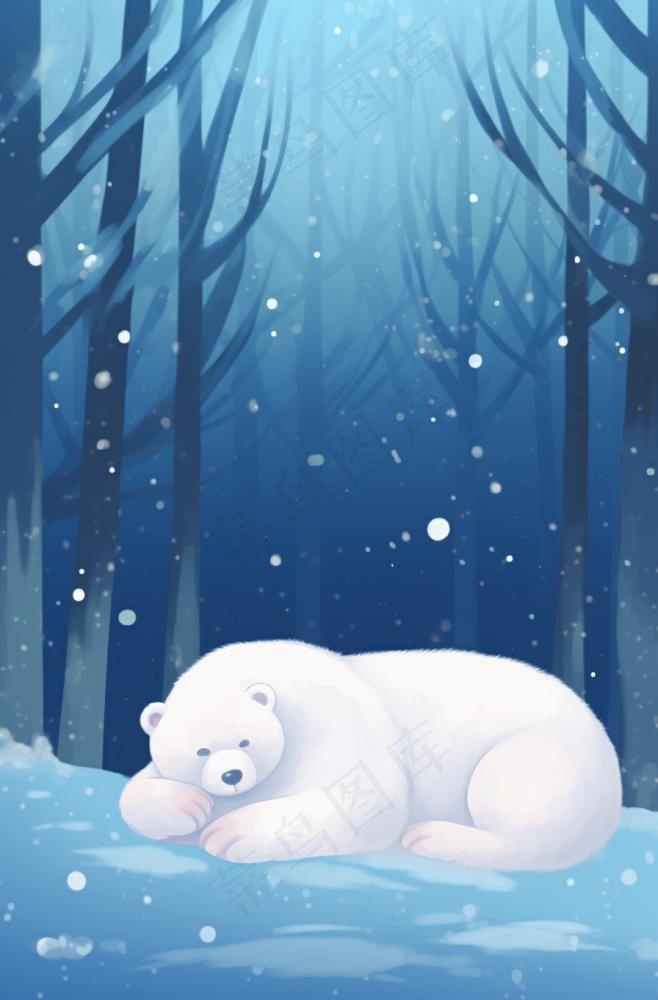 冬天白熊躺着雪地里森林卡通插画背景(896x1360)