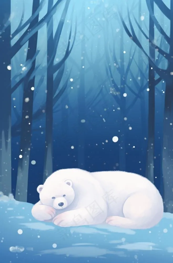 冬天白熊躺着雪地里森林卡通插画背景(896x1360)