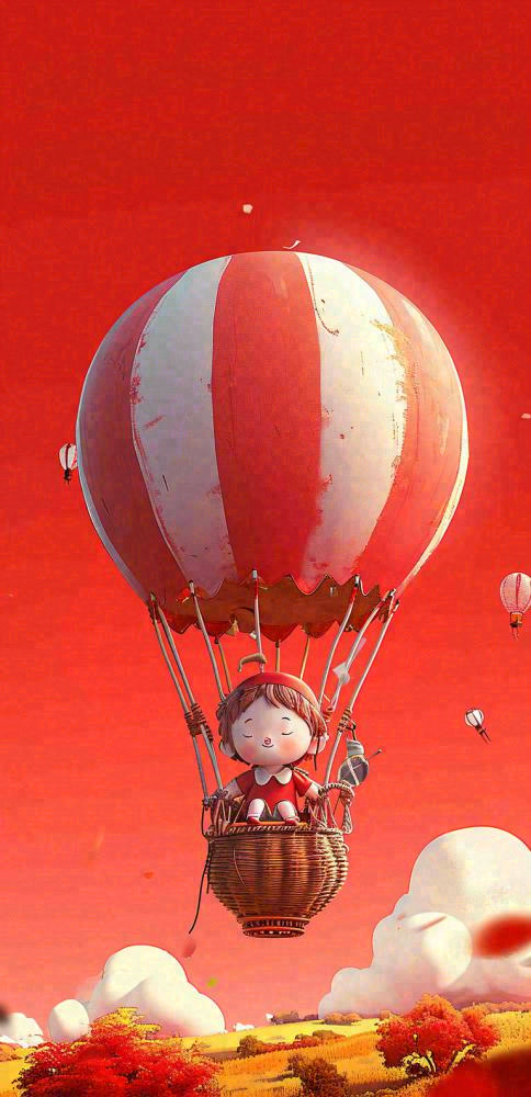 热气球可爱儿童天空插画，儿童节游玩(768x1584)