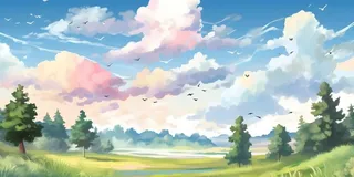 春天蓝天白云草原绿色树草地手绘插画海报素材背景