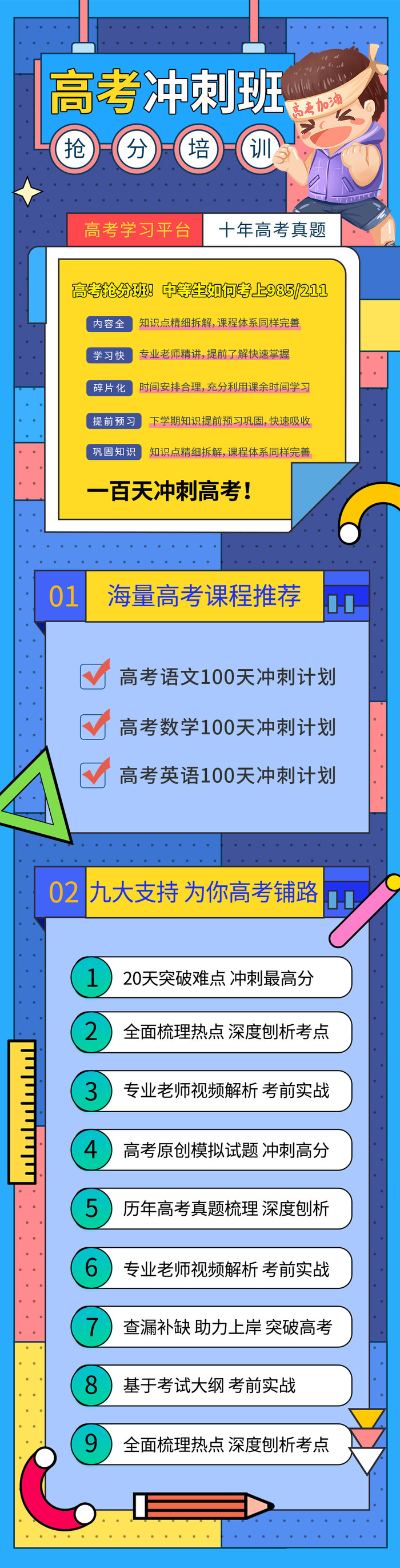 高考冲刺培训班辅导班特训营宣传促销H5长图招生海报PSD设计素材