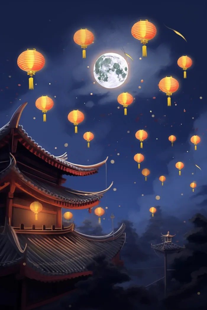 中秋夜晚满月古建筑阁楼灯笼插画蓝色背景(2688x4032)