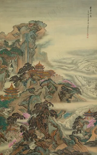 高清界画当代画家王军河绘制蓬莱仙岛鬼脸皴仙山亭台楼阁古松树仿古