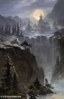 荒凉偏僻的瀑布环境中国风CG原画绘画图片 荒凉偏僻的瀑布环境中国风CG原画绘画图片