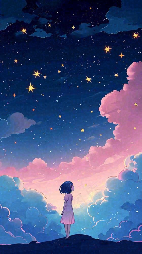 闪烁夜晚浪漫少女仰望星空粉紫色，银河月亮(816x1456)