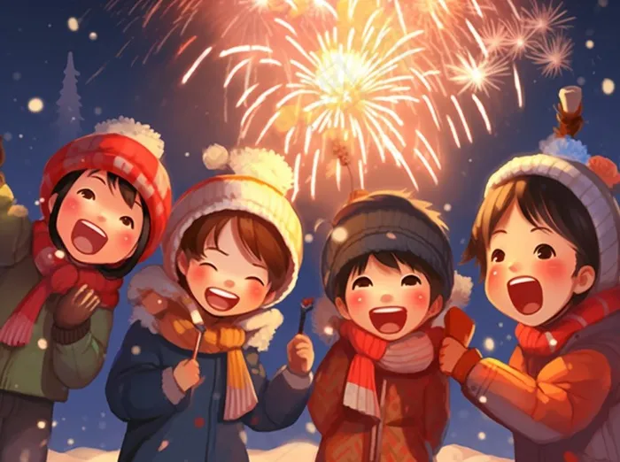 新年除夕放烟花爆竹的孩童庆祝新年喜庆卡通插画背景(1264x944)