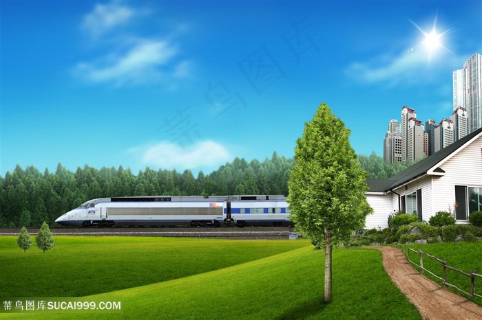 草地高铁风景画韩式自然背景