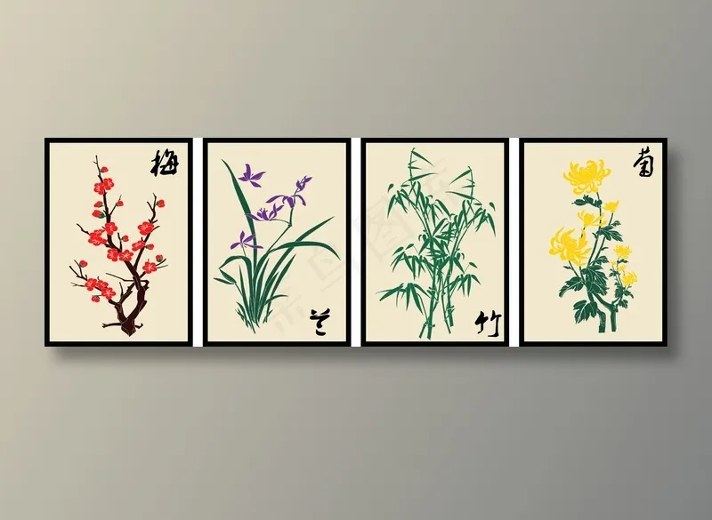梅兰竹菊图ai矢量模版下载