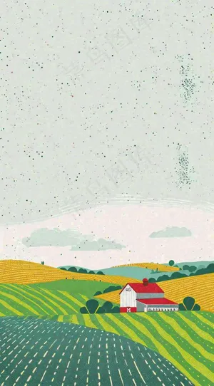 清新山脉草坪点线面扁平屋子树木手绘插画