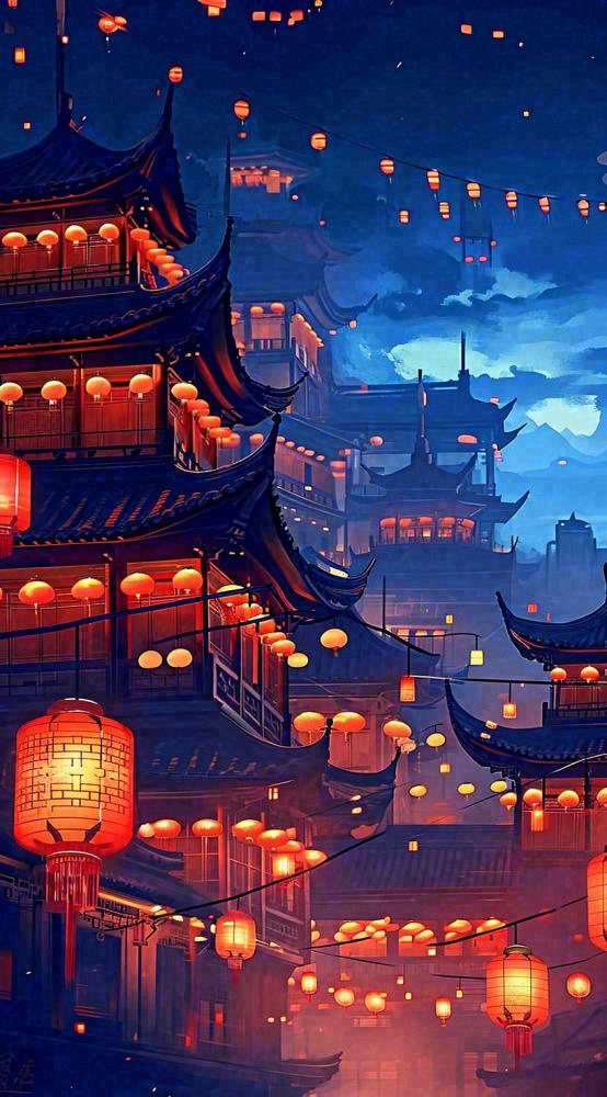 夜晚夜景月亮国风建筑灯笼星空浪漫，恐怖悬疑