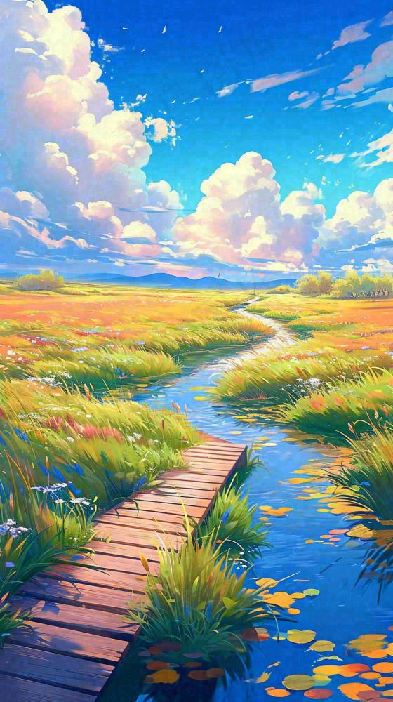 春天草坪河流小溪蓝天白云清新阳光手绘插画，立春春分(816x1456)
