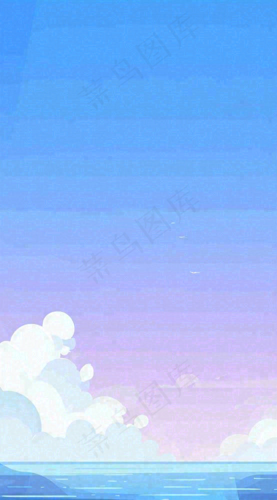 粉蓝渐变天空白云简约温馨，阳光海面海洋扁平插画(816x1472)