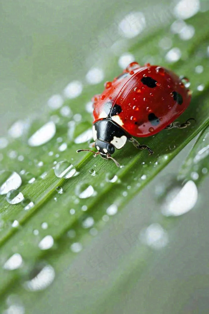 春夏雨天雨水七星瓢虫叶子，昆虫，小暑大暑白露雨水谷雨摄影图(896x1344)