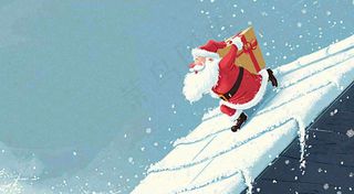 冬天圣诞老人屋顶带礼物，雪花雪屋，圣诞节卡通扁平插画