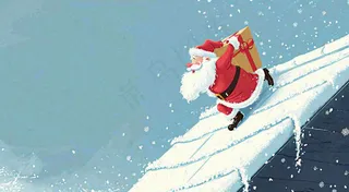 冬天圣诞老人屋顶带礼物，雪花雪屋，圣诞节卡通扁平插画