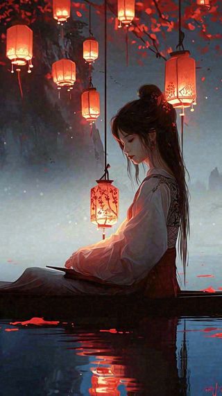 古风夜晚湖边少女灯笼意境水面