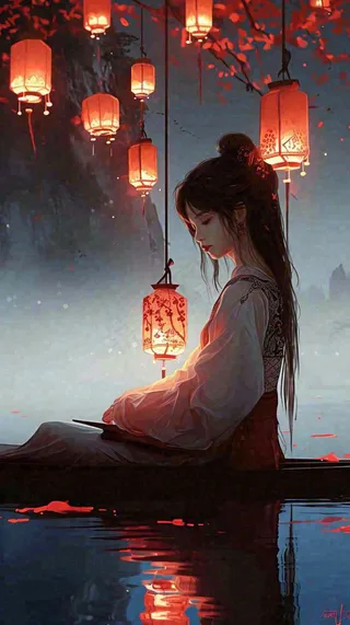 古风夜晚湖边少女灯笼意境水面