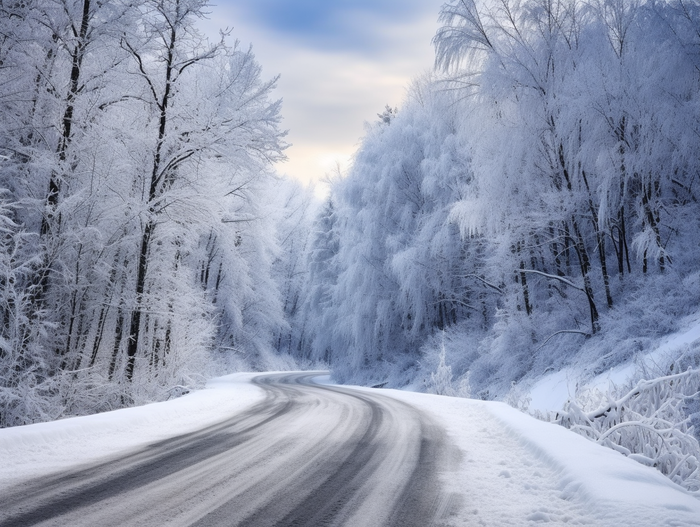 森林*的雪路白雪皑皑的道路，美丽的冬季摄影图
