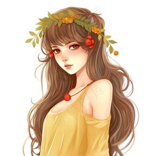 长头发少女头戴花环穿黄裙子插画 免抠